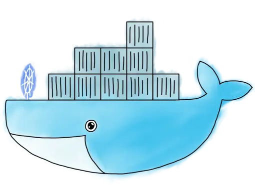 The Kubernetes ship wheel logo steering Moby the Docker whale.