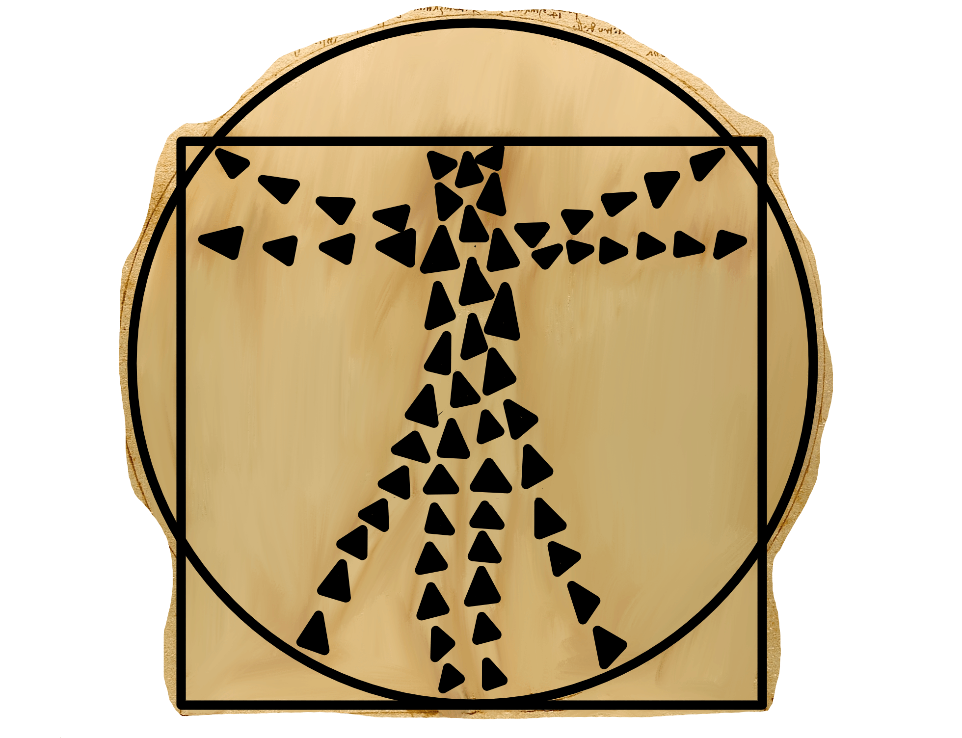 A drawn digital image of the famous DiVinci Vitruvian Man diagram with boids drawn over the top.