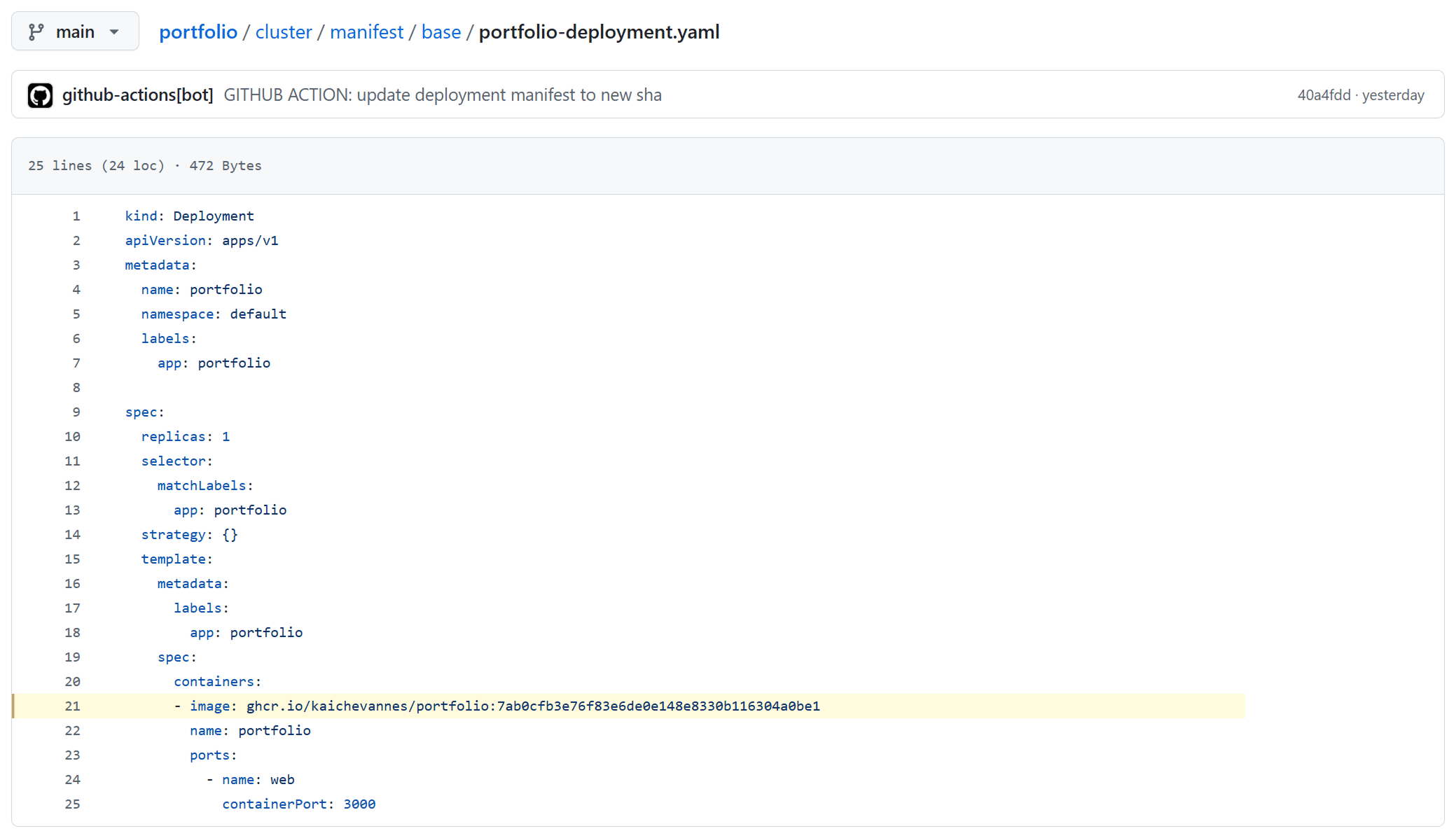 A screenshot of the portfolio GitHub repo showing the portfolio-deployment.yaml file. A highlighted line shows the image hash of the current version.