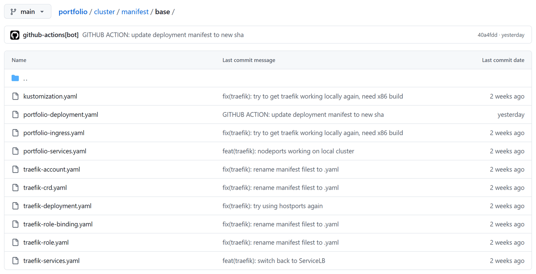 A screenshot of the portfolio GitHub repo showing a list of YAML manifest files.